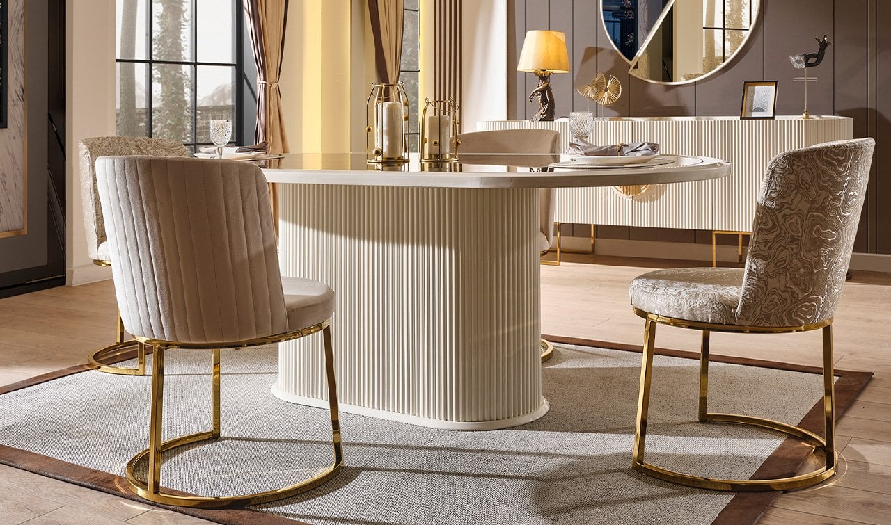 Gucci Luxury Yemek Odası Takımı - Ekru & Gold