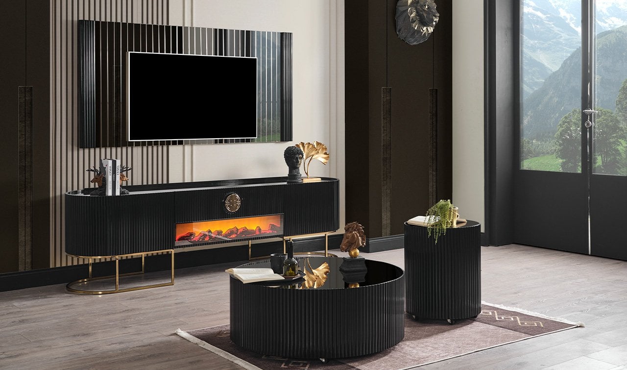 Gucci Şömineli Tv Ünitesi - Siyah & Gold