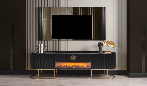 Gucci Şömineli Tv Ünitesi - Siyah & Gold