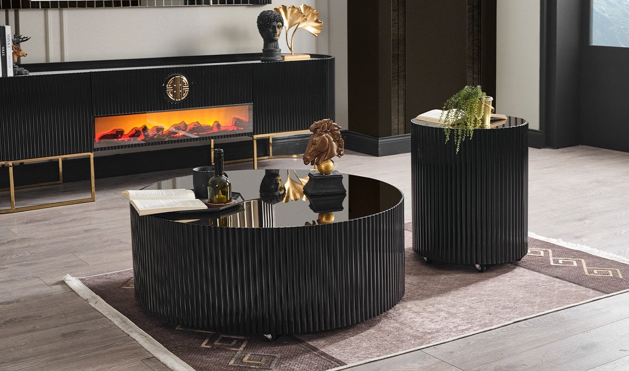 Gucci Şömineli Tv Ünitesi - Siyah & Gold