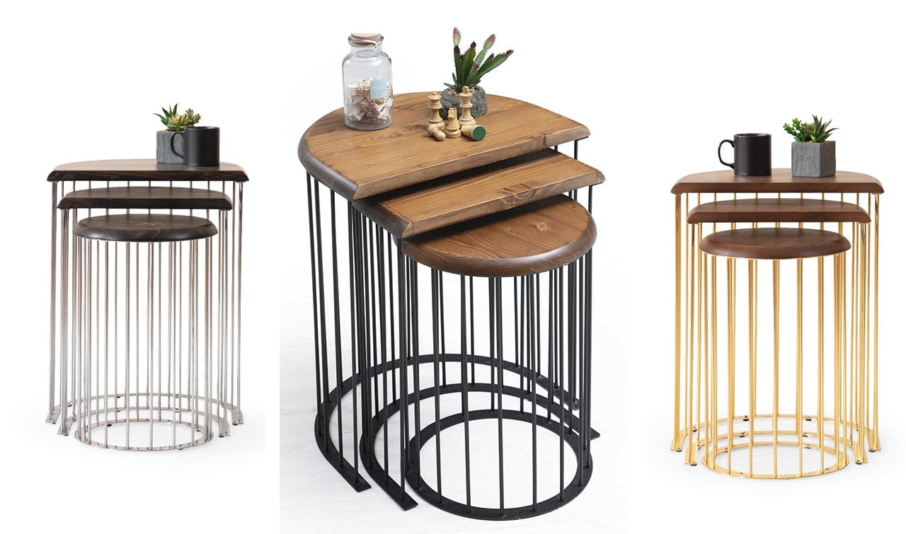 Nova Ahşap Metal Ayaklı Zigon Sehpa 3'lü