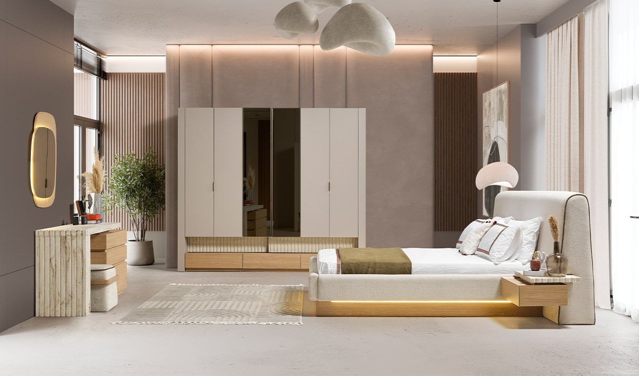 Doğal ahşap ve taş detaylı modern yatak odası