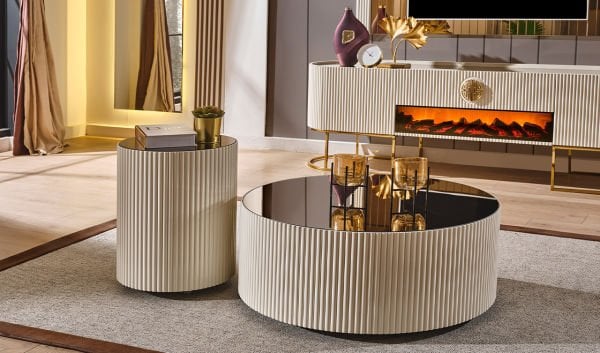 Gucci Şömineli Tv Ünitesi - Ekru & Gold