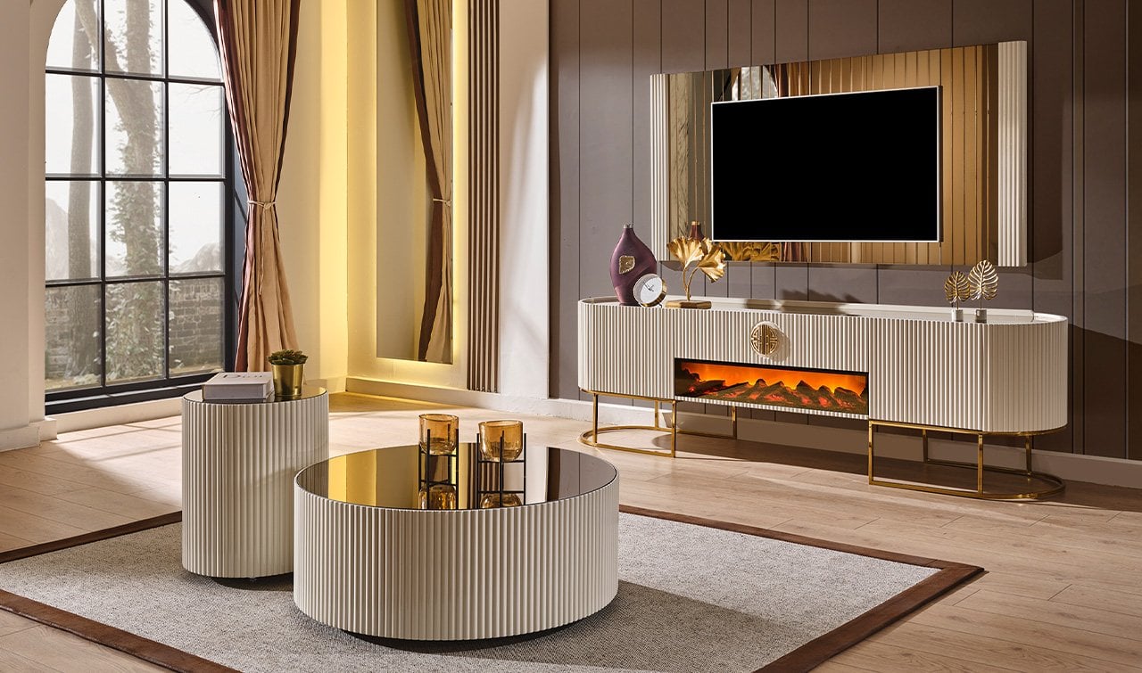 Gucci Şömineli Tv Ünitesi - Ekru & Gold